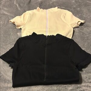 OQQ Ribbed Mock Neck Bodysuits in Black and Cream